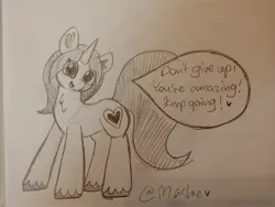 Size: 4160x3120 | Tagged: safe, artist:mashee, derpibooru import, oc, chest fluff, conversation, dialogue box, happy, image, jpeg, looking at you, motivation, motivational poster, pencil drawing, ponysona, sketch, solo, standing, talking, traditional art