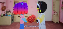 Size: 3829x1778 | Tagged: safe, derpibooru import, misty brightdawn, pony, unicorn, g5, adam (hazbin hotel), blush lines, blushing, crack shipping, duo, female, flower, hazbin hotel, horn, image, indoors, jpeg, kitchen, male, mare, marriage proposal, mii, nintendo, nintendo switch, nipples, nudity, photo, picture of a screen, rebirth misty, rose, shipping, straight, tomodachi life
