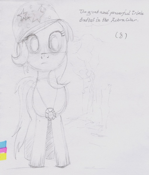 Size: 1152x1356 | Tagged: safe, artist:anonymous, derpibooru import, trixie, pony, g4, drawthread, female, gem, graphite drawing, grayscale, helmet, image, implied war, jewelry, jpeg, looking at you, mare, military pony, monochrome, necklace, requested art, solo, standing, traditional art