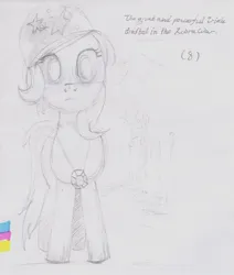 Size: 1152x1356 | Tagged: safe, artist:anonymous, derpibooru import, trixie, pony, g4, drawthread, female, gem, graphite drawing, grayscale, helmet, image, implied war, jewelry, jpeg, looking at you, mare, military pony, monochrome, necklace, requested art, solo, standing, traditional art