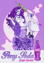 Size: 1449x2048 | Tagged: safe, artist:pinkishmalina, derpibooru import, rarity, human, equestria girls, g4, advertisement, bottle, breasts, choker, clothes, dress, drink, eyeshadow, glass bottle, grin, high heels, horn, horned humanization, humanized, image, jewelry, jpeg, lipstick, makeup, necklace, olive, shoes, smiling, soda, solo