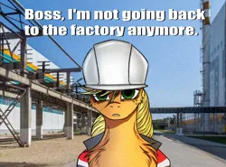 Size: 792x585 | Tagged: safe, artist:darklight1315, derpibooru import, applejack, earth pony, pony, g4, chest fluff, clothes, factory, female, hard hat, hat, image, mare, meme, noise, outdoors, png, real life background, solo, text, uniform