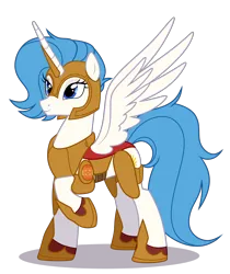 Size: 2264x2700 | Tagged: safe, artist:nika-rain, derpibooru import, oc, oc:princess zephyr, oc:zephyr de luca, alicorn, crystal pony, pony, fanfic:valiance, g4, armor, blue eyes, blue mane, blue tail, bronze, cutie mark, eyelashes, feathered wings, grand duchy of tuscanter, helmet, hoof shoes, horn, image, lifted leg, parent:princess cadance, parent:shining armor, png, reference, simple background, smiling, spread wings, standing, tail, white body, wings