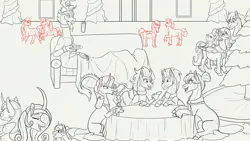 Size: 4000x2259 | Tagged: safe, artist:zevanthdragoness, derpibooru import, big mcintosh, discord, fluttershy, granny smith, princess cadance, princess flurry heart, rarity, shining armor, spitfire, thunderlane, oc, oc:big red, alicorn, draconequus, earth pony, pegasus, pony, unicorn, g4, christmas, christmas tree, clothes, couch, drink, ear piercing, earring, female, filly, filly flurry heart, fluttermac, foal, food, holiday, horn, image, indoors, jewelry, jpeg, levitation, lineart, magic, male, mare, martini glass, necklace, offspring, open mouth, open smile, parent:big mcintosh, parent:fluttershy, parents:fluttermac, partial color, party, pearl necklace, piercing, preggoshy, pregnant, shawl, shiningcadance, shipping, smiling, stallion, straight, sweater, telekinesis, tree, wip