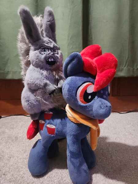 Size: 3000x4000 | Tagged: artist needed, source needed, safe, derpibooru import, apple split, pony, g4, apple family member, duo, image, irl, jpeg, photo, plushie, riding, riding a pony