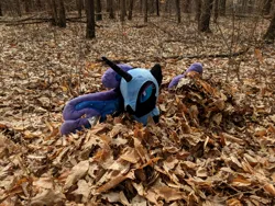 Size: 2016x1512 | Tagged: safe, derpibooru import, nightmare moon, pony, g4, female, forest, image, irl, jpeg, leaves, mare, nature, outdoors, photo, plushie, solo, tree