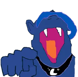 Size: 564x559 | Tagged: safe, artist:flakyhat4, derpibooru import, princess luna, alicorn, pony, g4, blue mane, bust, fangs, hand, horn, image, jewelry, laughing, laughing at you, meme, png, pointing at you, ponified animal photo, regalia, simple background, solo, stylistic suck, trace, transparent background