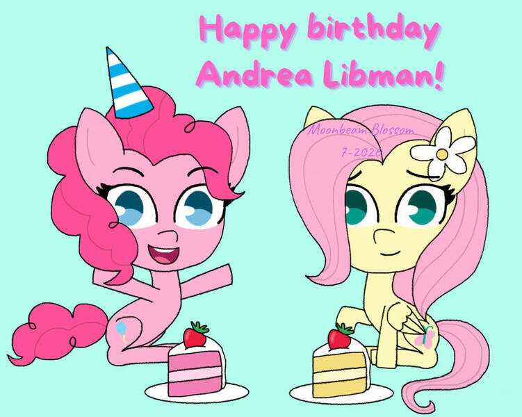 Size: 1000x799 | Tagged: safe, artist:moonbeam-blossom, derpibooru import, fluttershy, pinkie pie, earth pony, pegasus, g4, andrea libman, cake, duo, duo female, female, food, happy birthday, hat, image, jpeg, party hat, strawberry