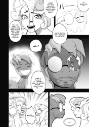 Size: 1165x1654 | Tagged: safe, artist:begoliah, derpibooru import, button mash, sweetie belle, earth pony, pony, unicorn, comic:crusaders, g4, comic, eye bulging, eyes closed, facial hair, female, flashback, horn, image, magic, male, mare, older, older button mash, older sweetie belle, png, shocked, shocked expression, smiling, stallion, teeth, telekinesis, younger