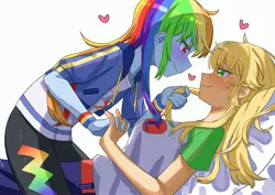 Size: 4093x2894 | Tagged: safe, artist:sinamon00777, derpibooru import, applejack, rainbow dash, human, equestria girls, g4, appledash, blushing, clothes, denim, denim skirt, duo, female, freckles, heart, holding hands, hoodie, image, jpeg, leggings, legwear, lesbian, looking at each other, looking at someone, love, lying down, multicolored hair, rainbow hair, shipping, shirt, simple background, skirt, white background