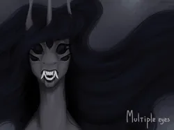 Size: 4000x3000 | Tagged: semi-grimdark, artist:dementra369, derpibooru import, princess luna, alicorn, pony, g4, alternate universe, black blood, black sclera, bust, creepy, ethereal mane, fangs, female, horror, image, looking at you, mare, multiple eyes, png, portrait, solo, sparkles