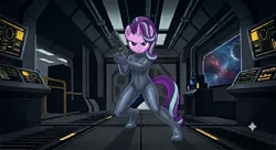 Size: 1408x768 | Tagged: suggestive, ai generated, generator:gemini, prompter:oscartheglitchyboy, starlight glimmer, anthro, plantigrade anthro, unicorn, series:ponies in zero suits, g4, alicorn wings, blaster, breasts, clothes, computer, crossover, cutie mark, cutie mark on anthro, female, gun, hand on hip, high heels, horn, image, metroid, nintendo, png, serious, serious face, shoes, skintight bodysuit, skintight clothes, solo, solo female, space, spaceship, spandex, spread wings, stupid sexy starlight glimmer, thighs, unicorn horn, video game, video game crossover, weapon, wings, zero suit