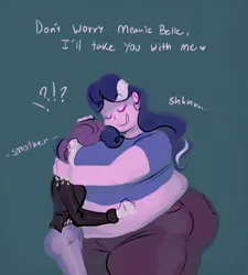 Size: 1280x1422 | Tagged: suggestive, artist:secretgoombaman12345, derpibooru import, edit, diamond tiara, sweetie belle, human, ask chubby diamond, ask meanie belle, meanie belle, g4, ask, bbw, belly, between breasts, big belly, big breasts, breasts, butt, clothes, denim, dialogue, duo, duo female, ear piercing, earring, eyes closed, fat, female, green background, hug, huge butt, humanized, image, impossibly large butt, jacket, jeans, jewelry, jpeg, large butt, larger female, leather, leather jacket, obese, pants, physique difference, piercing, shhh, short shirt, simple background, size difference, skinny, small clothes, smaller female, text, thin, tight clothing, tumblr, wide hips