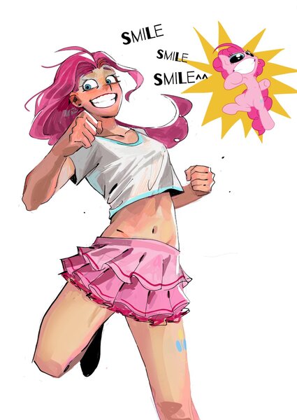 Size: 1109x1564 | Tagged: safe, artist:feelili, artist:misterdavey, artist:radiationalpha, derpibooru import, pinkie pie, earth pony, human, pony, smile hd, g4, cutie mark on human, female, grin, humanized, image, jpeg, punch, simple background, smiling, solo, text, white background