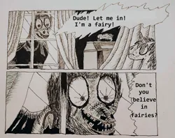 Size: 1813x1434 | Tagged: safe, artist:captain conundrum, edit, ponerpics import, unicorn, 2 panel comic, cloak, clothes, comic, curtains, dude let me in, frankenstein, frankenstein's monster, grayscale, image, junji ito, laughing, meme, monochrome, png, traditional art, window