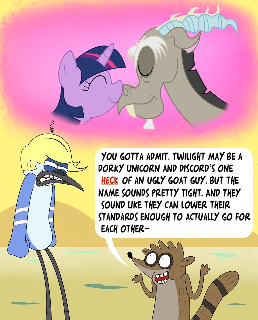 44449 - artist:cartuneslover16, blondecai, crossover, derpibooru import,  discolight, discord, female, interspecies, male, mordecai, mordecai and  rigby, regular show, rigby, safe, shipping, straight, twilight sparkle, wat  - Twibooru