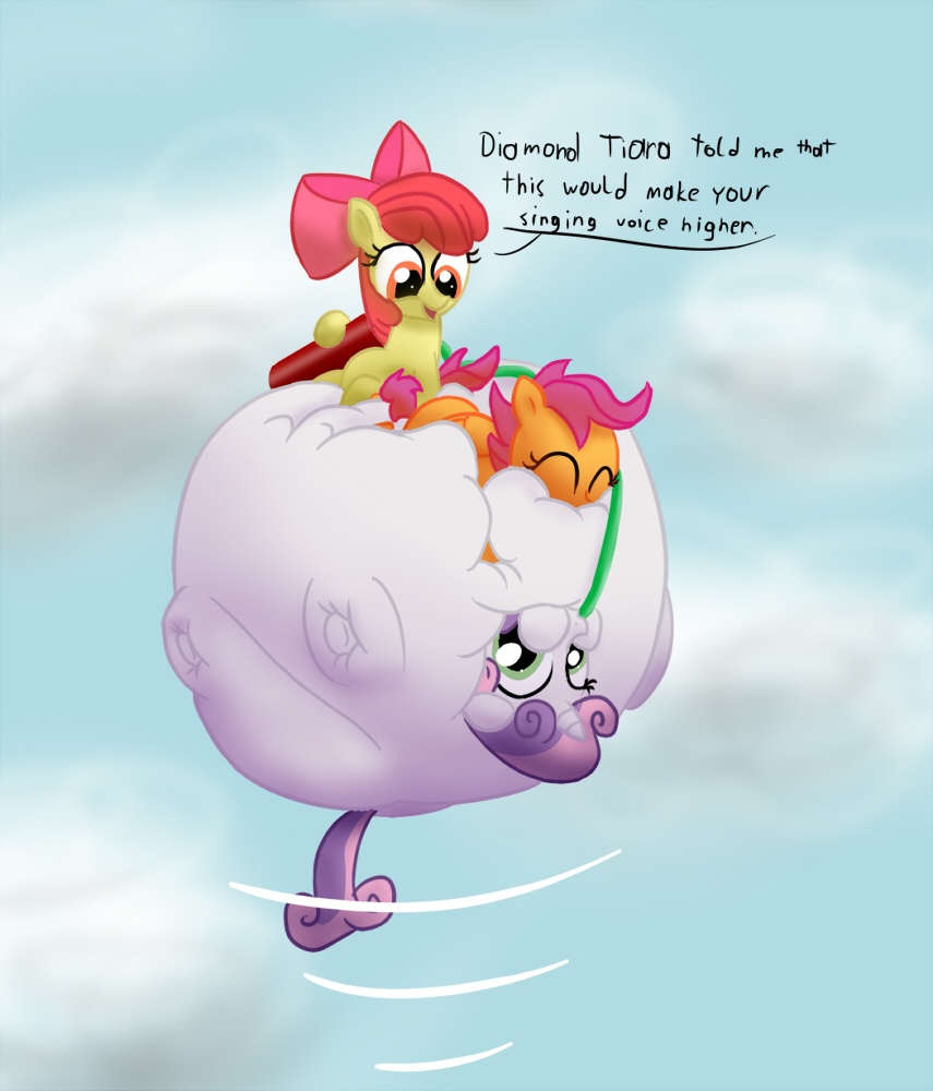 47093 - questionable, artist:noctulov, derpibooru import, apple bloom,  scootaloo, sweetie belle, earth pony, pegasus, pony, unicorn, balloon,  belly, belly bed, bingo wings, cutie mark crusaders, female, females only,  filly, floating, helium, helium