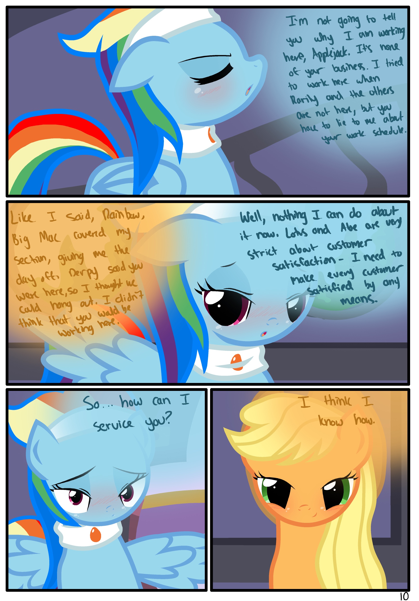 119027 - safe, artist:pyruvate, derpibooru import, applejack, rainbow dash,  earth pony, pegasus, pony, comic:the usual, appledash, bedroom eyes,  blushing, comic, female, lesbian, shipping, spa pony rainbow dash,  tsunderainbow, tsundere - Twibooru