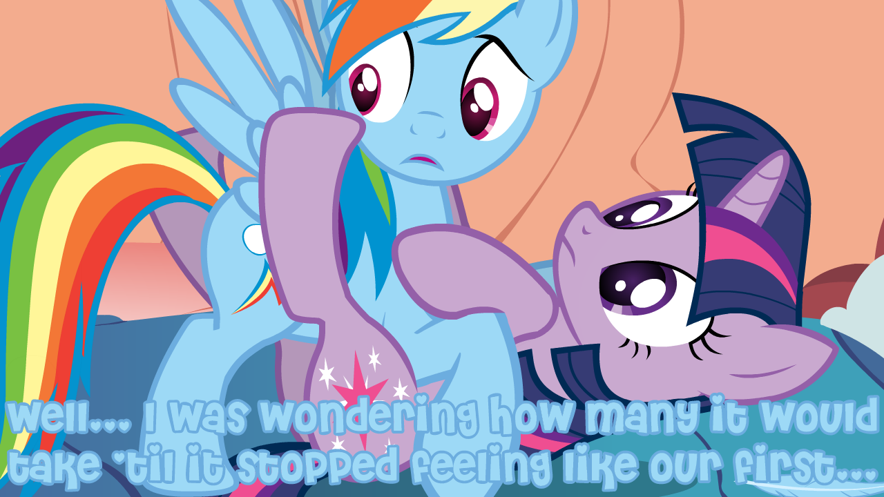 97567 - suggestive, derpibooru import, rainbow dash, twilight sparkle, bed,  female, lesbian, shipping, twidash - Twibooru