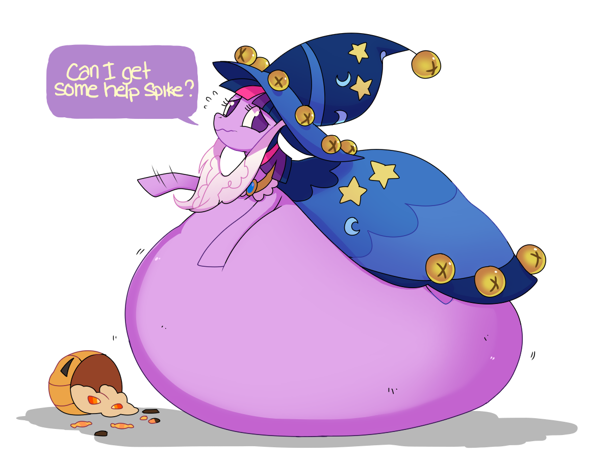 327426 - artist:fathips, belly, belly bed, candy, derpibooru import, female,  immobile, impossibly large belly, inflation, nightmare night, questionable,  solo, solo female, star swirl the bearded, twilight sparkle - Twibooru