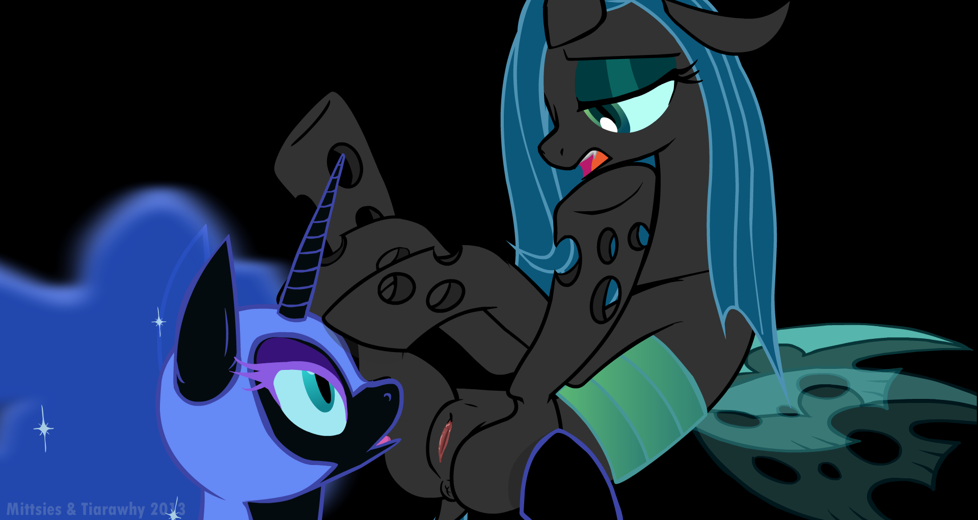 376511 - explicit, artist:mittsies, artist:tiarawhy, derpibooru import, nightmare  moon, queen chrysalis, a devious plot, anus, chrysmoon, cunnilingus,  female, lesbian, nudity, oral, vagina - Twibooru, image size:1920x1022