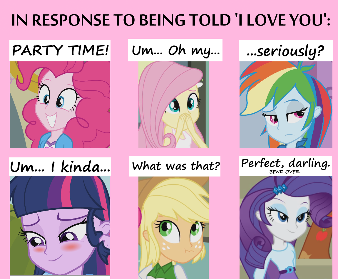 441268 - safe, derpibooru import, applejack, fluttershy, pinkie pie,  rainbow dash, rarity, twilight sparkle, equestria girls, 6 pony meme, bend  over, blushing, exploitable meme, mane six, meme, scrunchy face - Twibooru