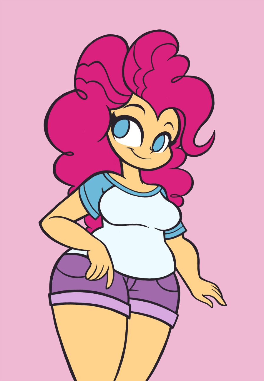 485311 - artist:khuzang, breasts, busty pinkie pie, chubby, clothes, curvy,  cute, daisy dukes, derpibooru import, female, hips, human, humanized, pinkie  pie, safe, shorts, solo, thighs, wide hips - Twibooru
