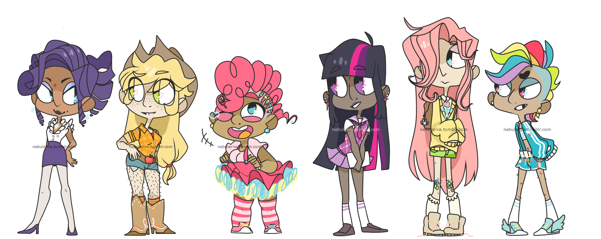 504083 - alternate hairstyle, applejack, artist:nebularva, bandaid, bindi,  boots, clothes, cornrows, dark skin, derpibooru import, diversity, dress,  earring, fluttershy, hairy legs, high heels, human, humanized, mane six,  pinkie pie, rainbow dash, rarity,