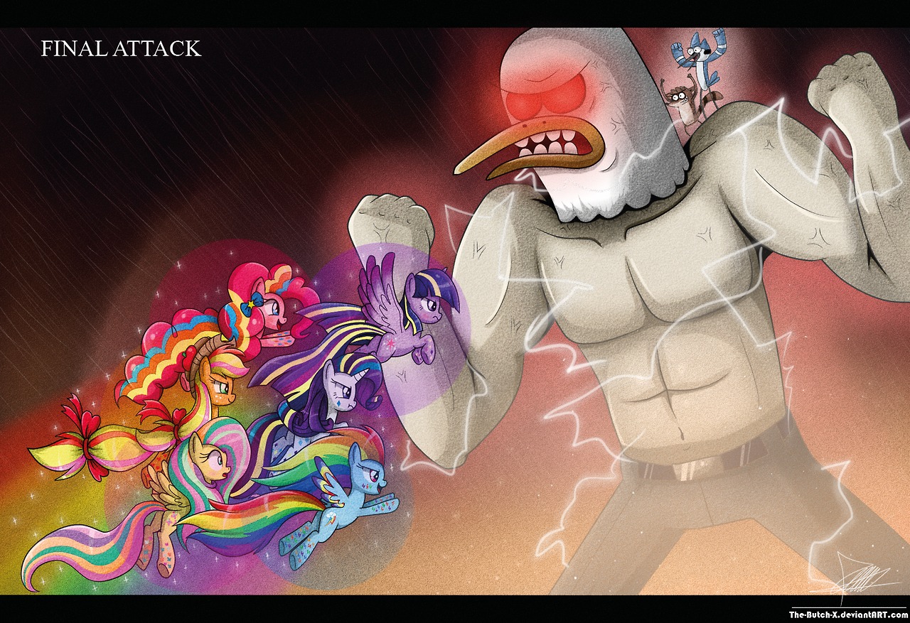 545679 - safe, artist:the-butch-x, derpibooru import, applejack,  fluttershy, pinkie pie, rainbow dash, rarity, twilight sparkle, twilight  sparkle (alicorn), alicorn, pony, crossover, female, mare, mecha duck,  mordecai, mordecai and rigby, rainbow power ...