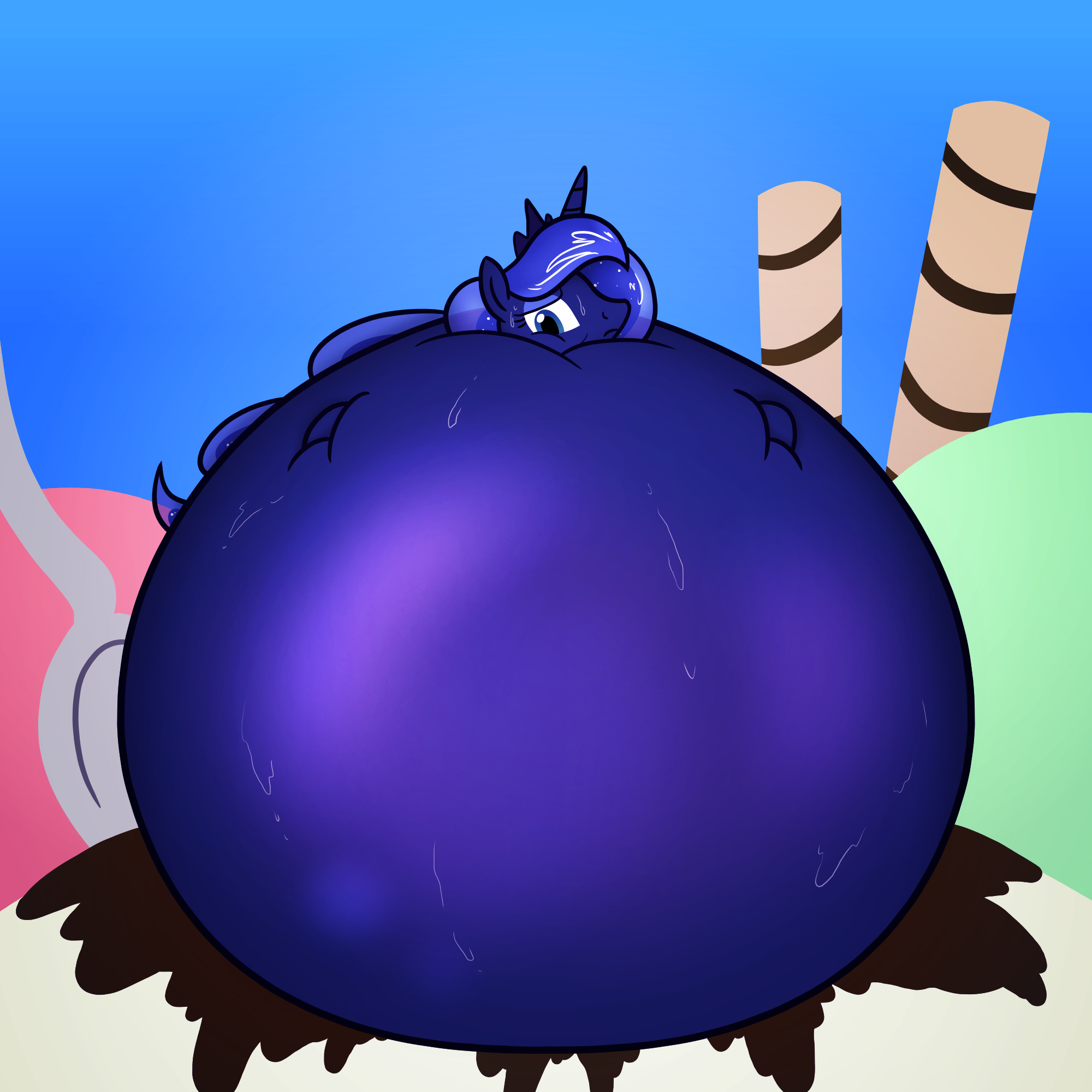 556319 - questionable, artist:bigponiesinc, derpibooru import, princess  luna, alicorn, pony, blueberry, blueberry inflation, dream, expansion,  female, ice cream, immobile, inflation, lunaberry, princess lunaberry,  princess moonberry, solo - Twibooru