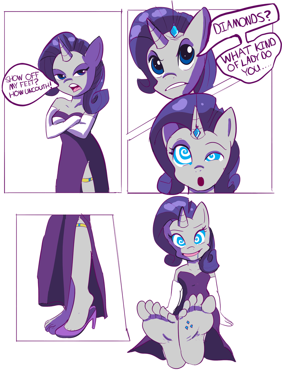 566706 - anthro, artist:zuneycat, barefoot, breasts, clothes, comic, dress,  feet, foot fetish, high heels, hypnosis, plantigrade anthro, rarity,  removing shoes, soles, suggestive, toes, uncouth - Twibooru