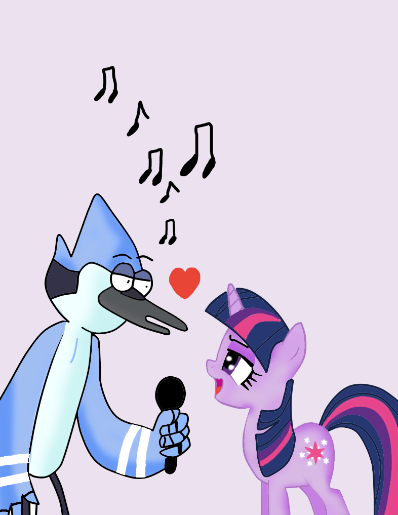 579481 - artist:kaiamurosesei, crossover, crossover shipping, derpibooru  import, heart, love, microphone, mordecai, mordetwi, regular show, safe,  shipping, twilight sparkle - Twibooru