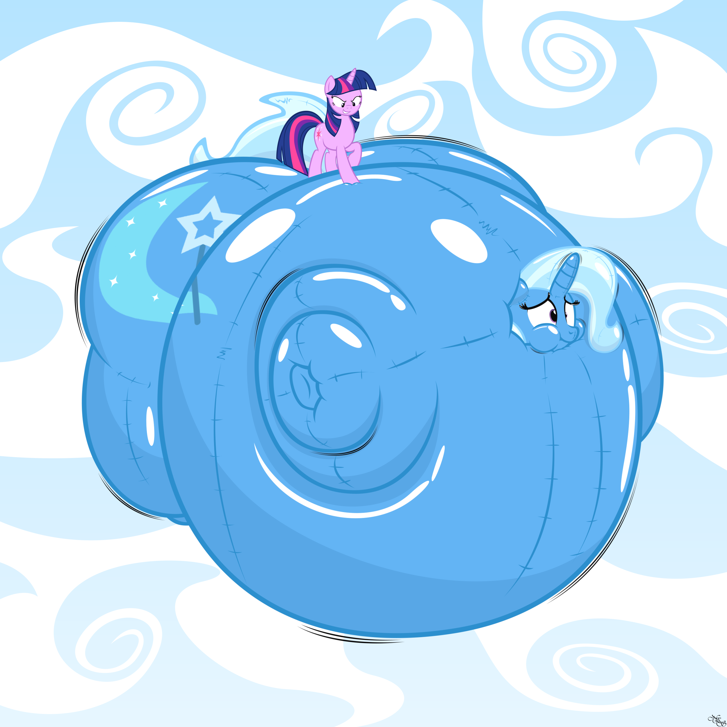 583845 - dead source, safe, artist:navitaserussirus, derpibooru import,  trixie, twilight sparkle, balloonie pony, original species, unicorn, blimp,  inanimate tf, inflatable, inflation, puffy cheeks, transformation - Twibooru