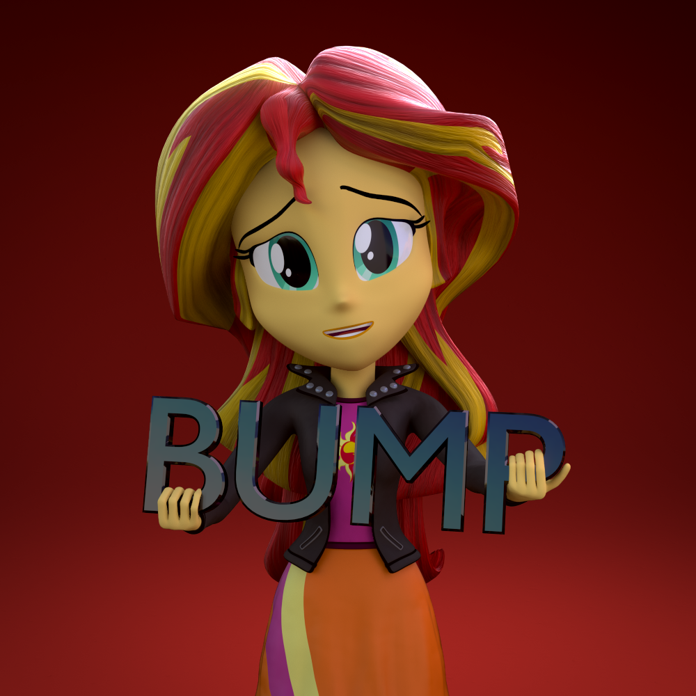 632857 - safe, artist:3d thread, artist:creatorofpony, derpibooru import,  sunset shimmer, equestria girls, /mlp/, 3d, 3d model, blender, bump, cheer  up, clothes, empathy, holding, shirt, skirt, solo - Twibooru