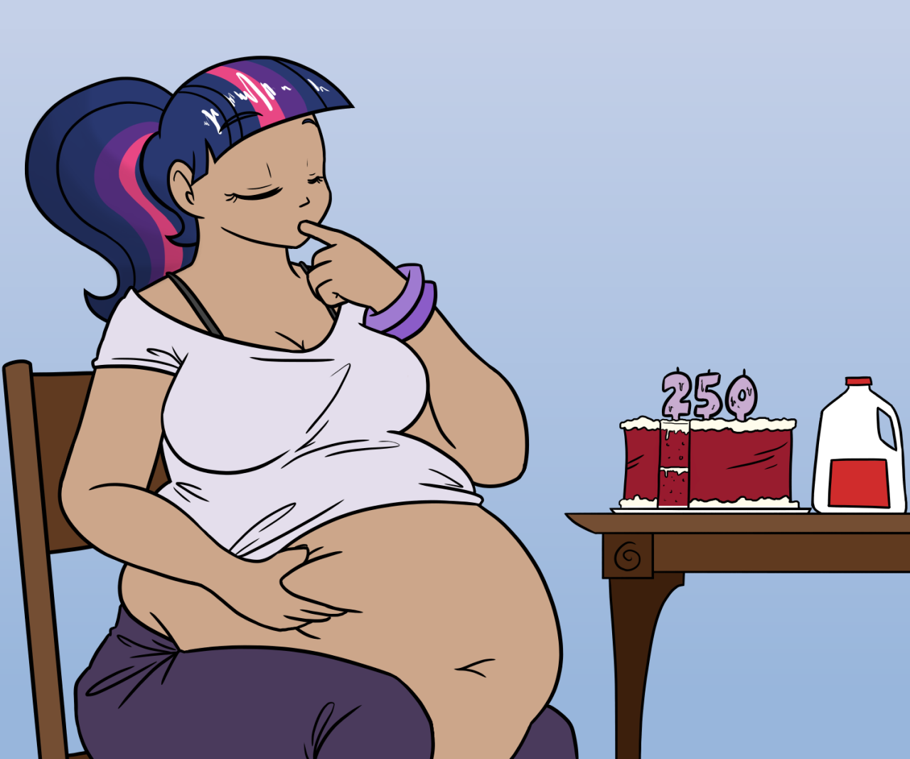 649508 - suggestive, artist:irateliterate, derpibooru import, twilight  sparkle, human, ask feedee twilight, alternate hairstyle, bbw, belly, belly  button, belly grab, big belly, breasts, busty twilight sparkle, cake,  chair, chubby, cleavage, eyes closed,