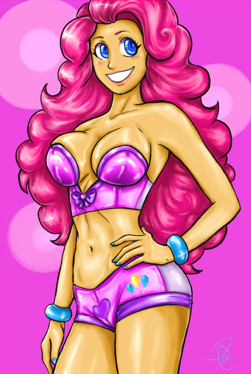 649548 - artist:cherrrysundae, belly button, breasts, busty pinkie pie, derpibooru  import, female, human, humanized, nail polish, pinkie pie, solo, solo female,  suggestive - Twibooru