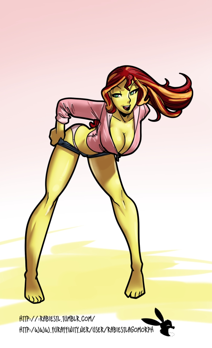 682640 - artist:rabies t lagomorph, barefoot, bedroom eyes, bent over,  breasts, busty sunset shimmer, cleavage, clothes, derpibooru import, feet,  female, human, humanized, long legs, looking at you, panties, shorts,  smiling, solo, solo