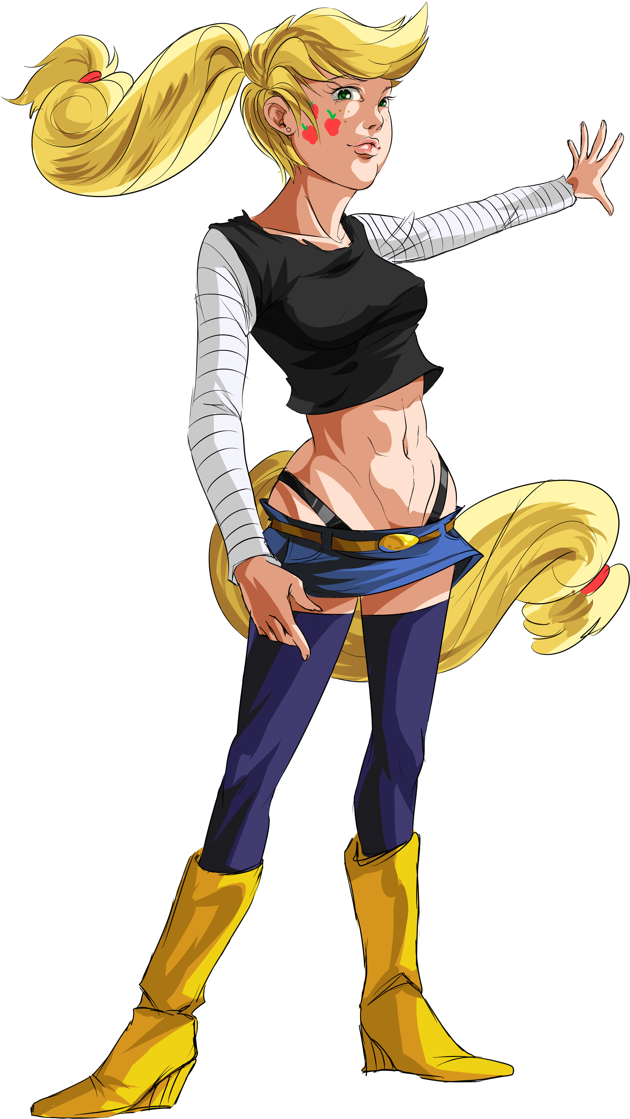 683990 - android 18, applejack, artist:dimadinosaur, belly button, clothes,  cosplay, denim skirt, derpibooru import, dragon ball z, female, human,  humanized, midriff, skirt, solo, solo female, suggestive, tailed  humanization - Twibooru