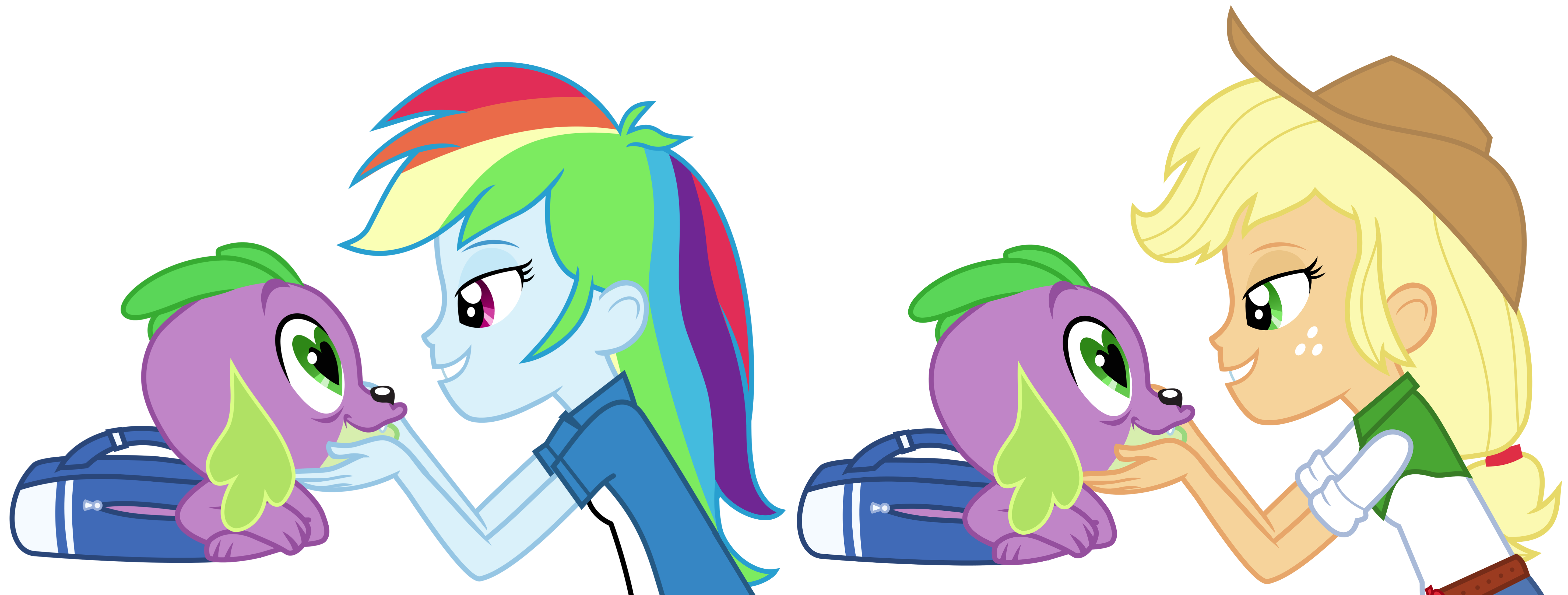 693914 - safe, artist:titanium-pony, derpibooru import, applejack, rainbow  dash, spike, dog, equestria girls, absurd resolution, applespike, backpack,  bedroom eyes, female, heart eyes, love, male, rainbowspike, shipping,  simple background, smiling ...