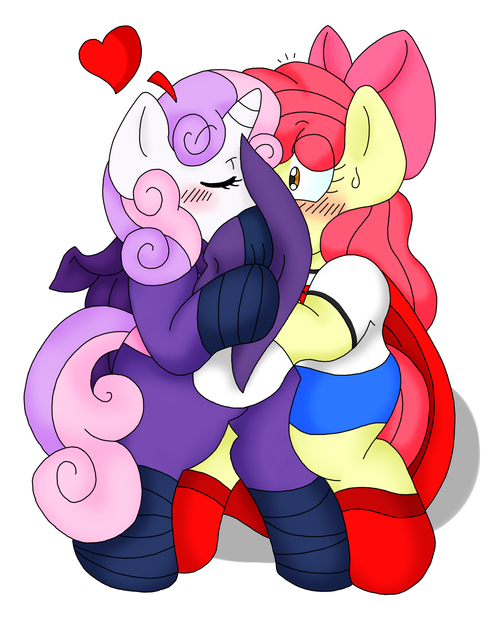 699284 - apple bloom, artist:blackbewhite2k7, blushing, derpibooru import,  female, kissing, lesbian, mare do well, safe, shipping, superfilly,  supergirl, sweetie belle, sweetiebloom, sweetie do well - Twibooru