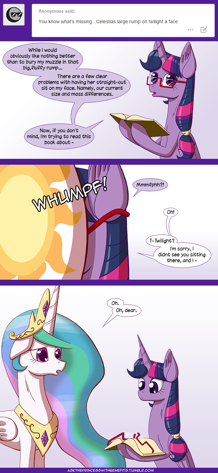 713154 - suggestive, artist:deusexequus, derpibooru import, princess  celestia, twilight sparkle, twilight sparkle (alicorn), alicorn, pony, ask  the princess of friendship with benefits, book, comic, faceful of ass,  female, floppy ears, frown, glasses,