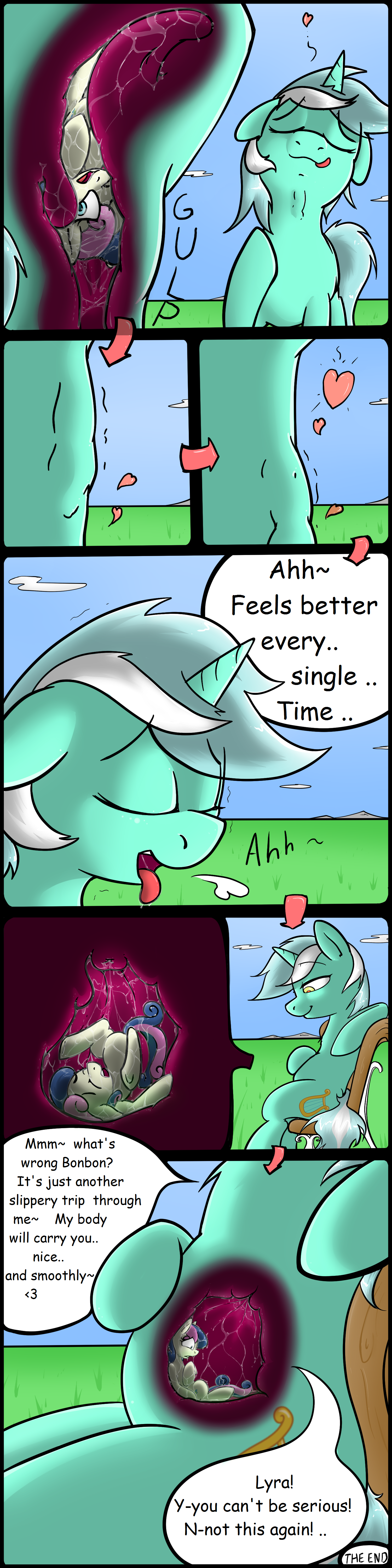 763717 - questionable, artist:gtsdev, derpibooru import, bon bon, lyra  heartstrings, sweetie drops, comic, drool, fetish, heart, implied full tour,  internal, lyrapred, micro, not another pony vore pack, swallowing, throat  bulge, tongue out,