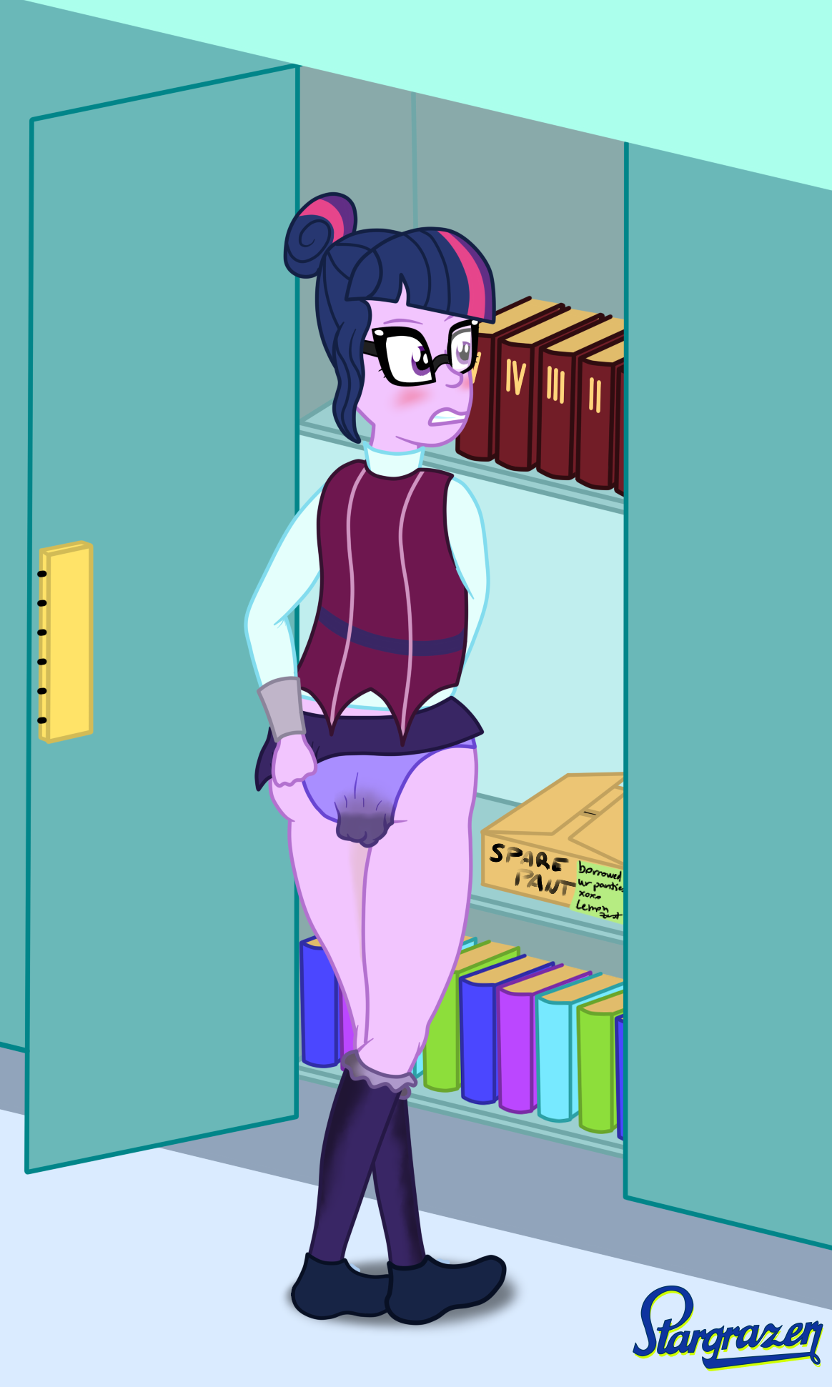768426 - questionable, artist:stargrazer, derpibooru import, sci-twi,  twilight sparkle, equestria girls, friendship games, accident, bottomless,  clothes, crystal prep academy uniform, implied lemon zest, messing,  panties, pantypoop, poop, pooping, scat ...