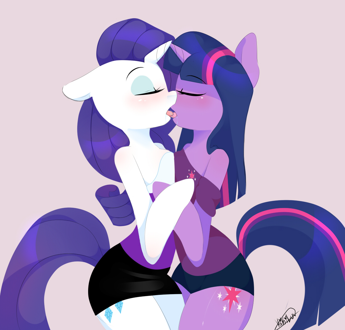 784361 - suggestive, artist:kikiluv, derpibooru import, rarity, twilight  sparkle, anthro, semi-anthro, unicorn, arm hooves, clothes, eyes closed,  female, kissing, lesbian, off shoulder, rarilight, shipping, sloppy kissing  - Twibooru