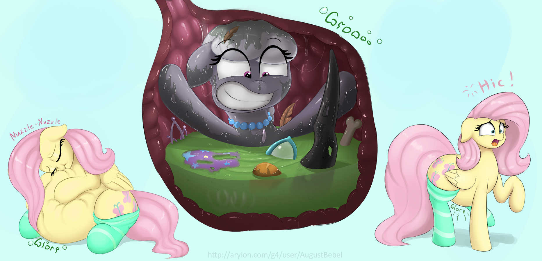 821737 - artist:augustbebel, belly, bone, chubby, derpibooru import,  digestion, fat, fat fetish, fetish, flutterpred, fluttershy, grimdark,  implied chrysalis, implied death, implied diamond tiara, implied gilda,  implied trixie, internal, nuzzling ...