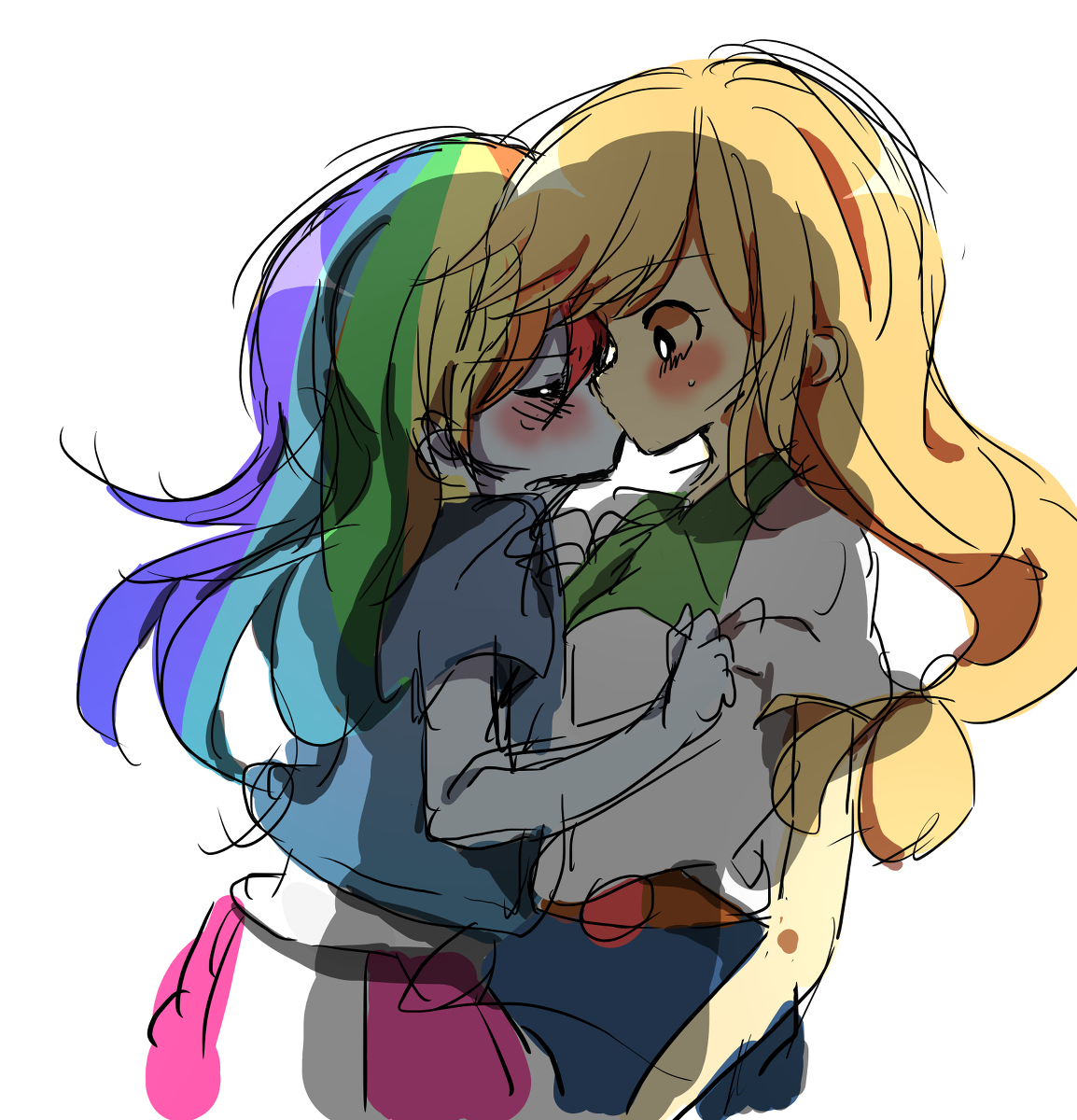 851604 - safe, artist:lotte, derpibooru import, applejack, rainbow dash,  equestria girls, appledash, blushing, cute, dashabetes, female, happy,  humanized, jackabetes, kissing, lesbian, pixiv, shipping - Twibooru