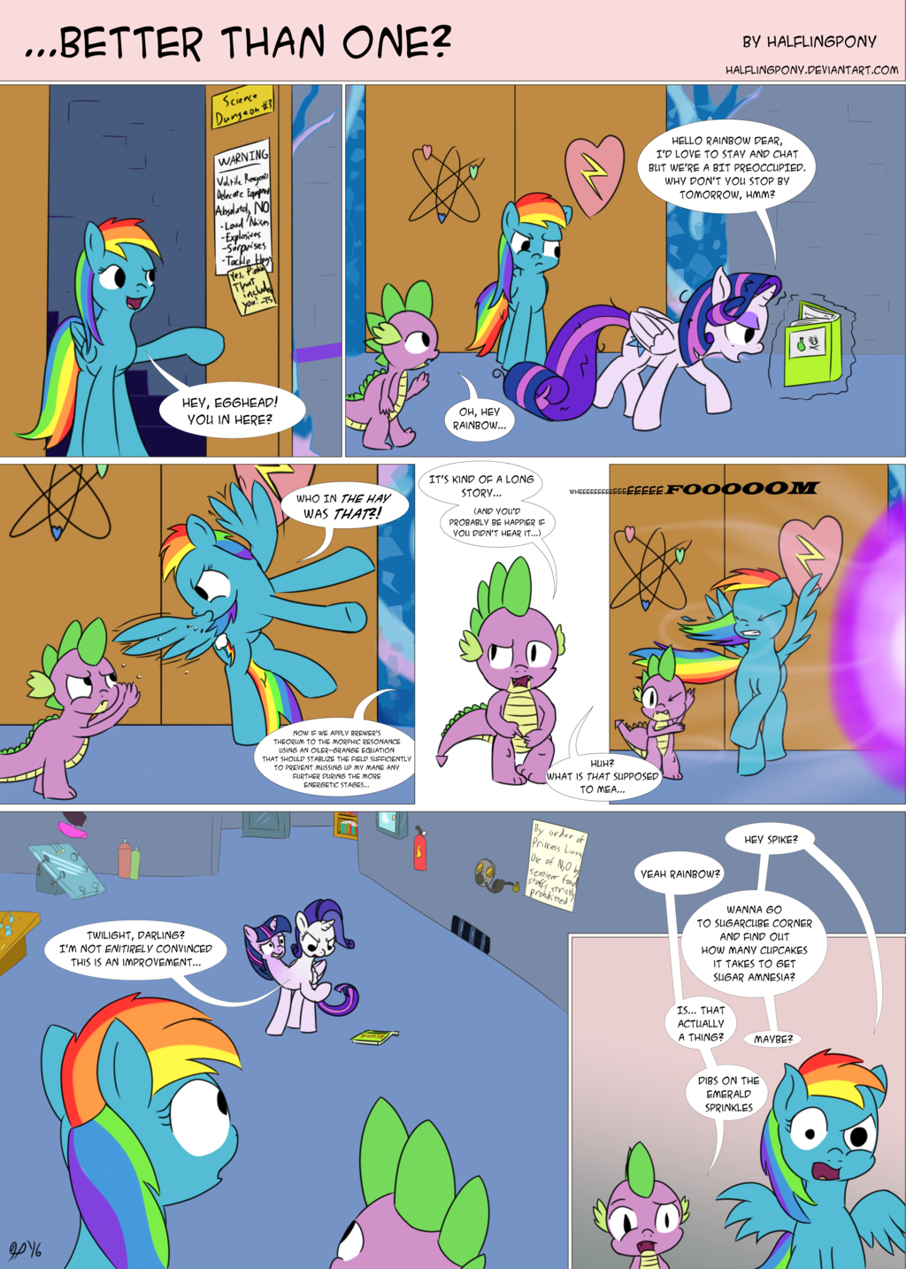 853508 - safe, artist:halflingpony, derpibooru import, rainbow dash,  rarity, spike, twilight sparkle, twilight sparkle (alicorn), alicorn,  dragon, pegasus, pony, comic, conjoined, female, fusion, magic fail, male,  mare, spell gone wrong, we have