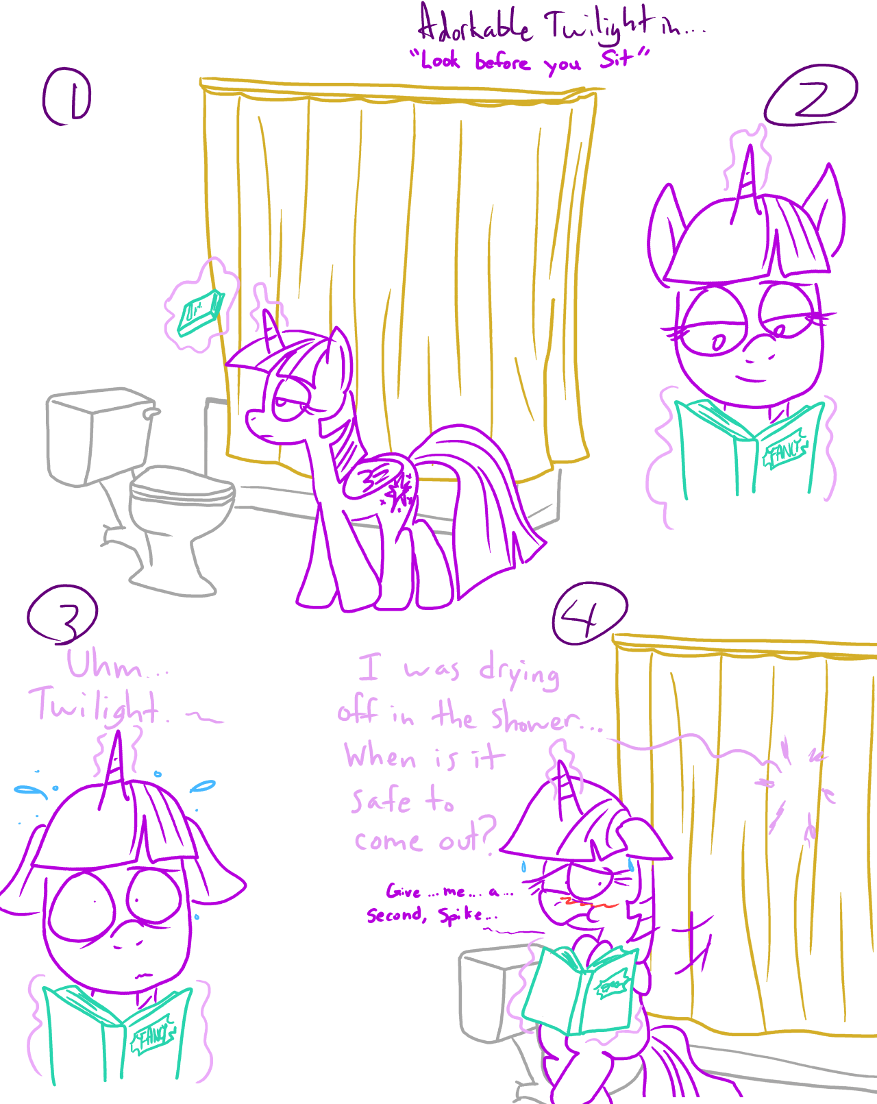 856034 - safe, artist:adorkabletwilightandfriends, derpibooru import,  spike, twilight sparkle, twilight sparkle (alicorn), alicorn, pony,  comic:adorkable twilight and friends, adorkable twilight, bathroom, comic,  female, floppy ears, lineart, mare ...