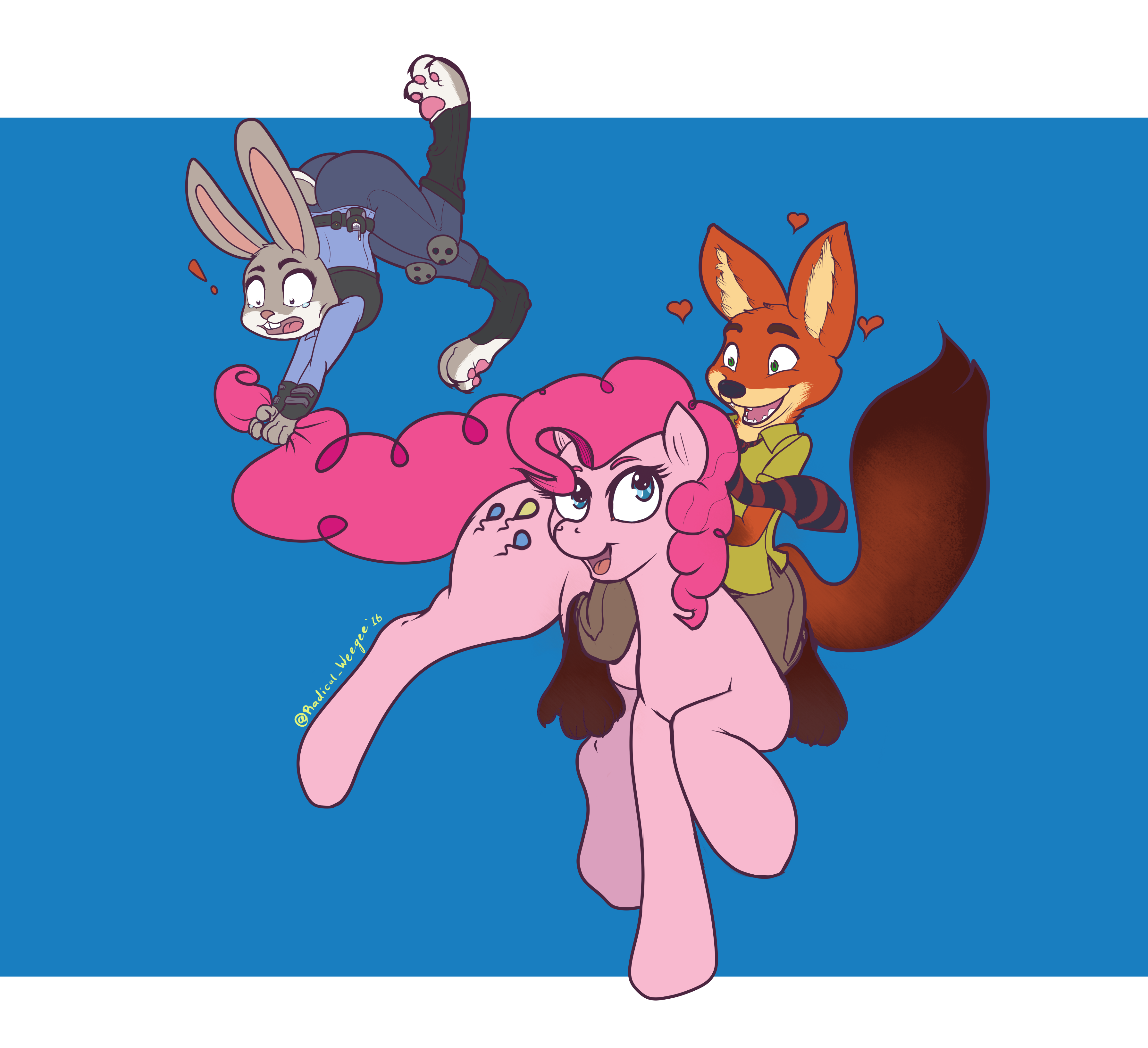 881884 - artist:radicalweegee, crossover, derpibooru import, exclamation  point, fox, judy hopps, nick wilde, open mouth, pinkie pie, rabbit, raised  hoof, safe, simple background, tail, tail pull, wide eyes, zootopia -  Twibooru