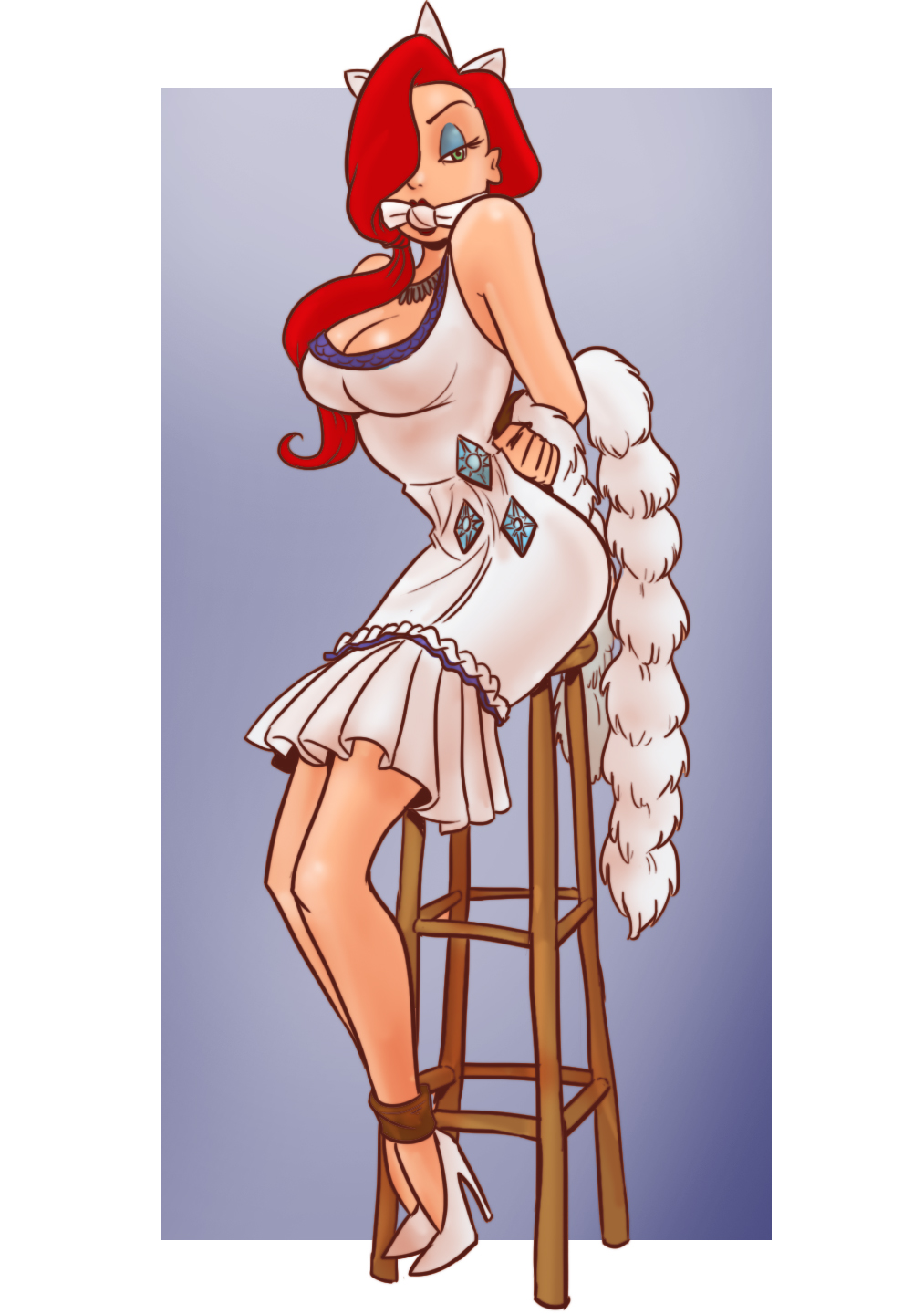 914663 - artist:night-glare, ballgag, bondage, breasts, cleavage, clothes,  commission, cosplay, costume, derpibooru import, female, gag, human,  humanized, jessica rabbit, rarity, sitting, solo, stool, suggestive, who  framed roger rabbit - Twibooru